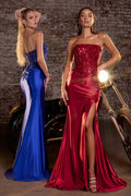 Strapless fitted satin gowns in blue and red with floral beaded bodice and side slits