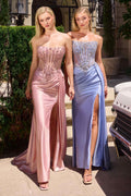 Blush pink and light blue strapless satin corset gowns with crystal beaded bodices and slit