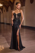Black spaghetti-strap formal gown with jeweled plunging bodice and front leg slit