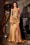 Gold long fitted halter corset formal gown with embellished bodice and front slit