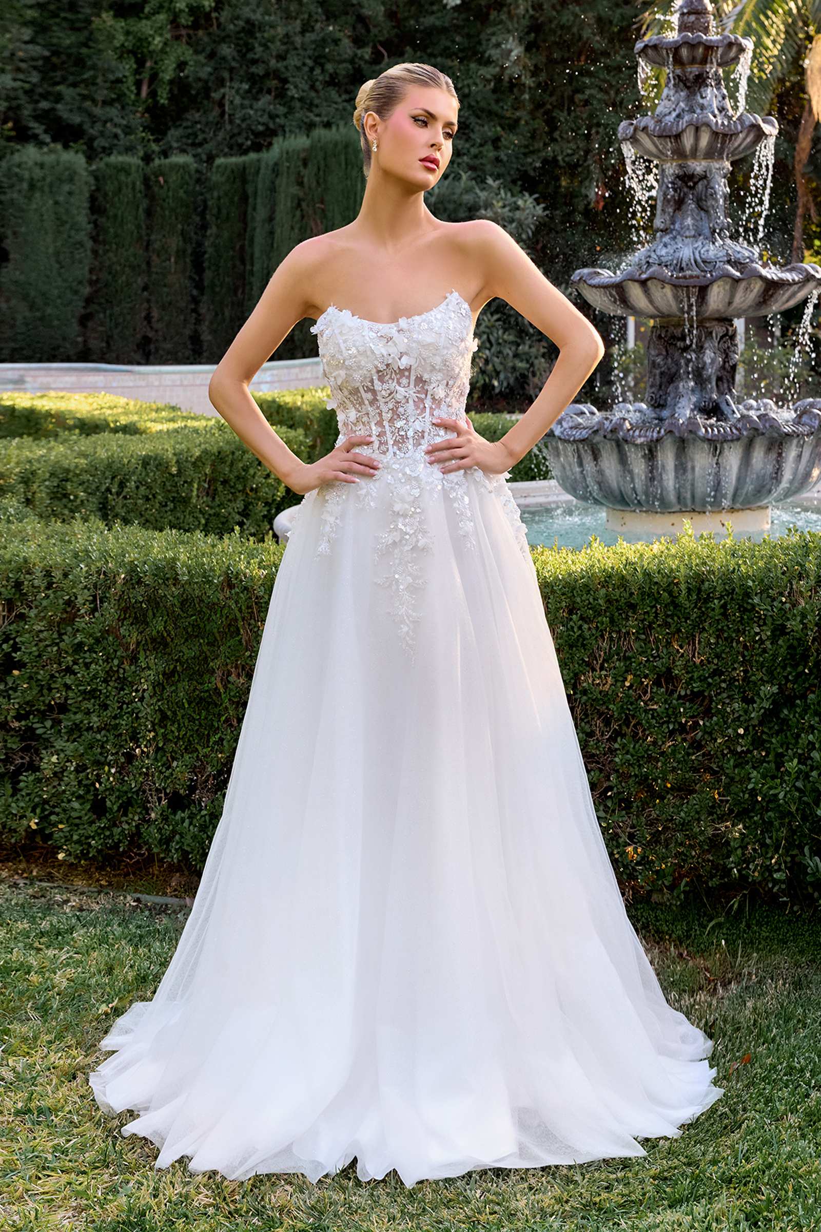 Off-white strapless sweetheart A-line gown with 3D floral appliques on bodice