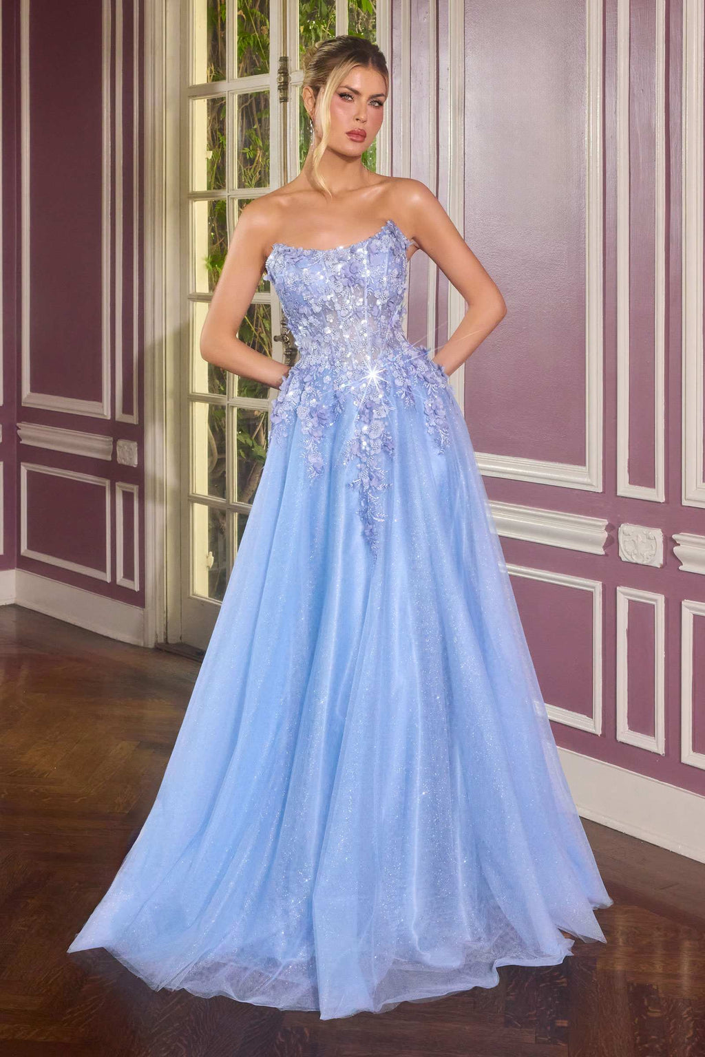 Blue floral-applique ball gown with scoop neck and sparkling corset bodice