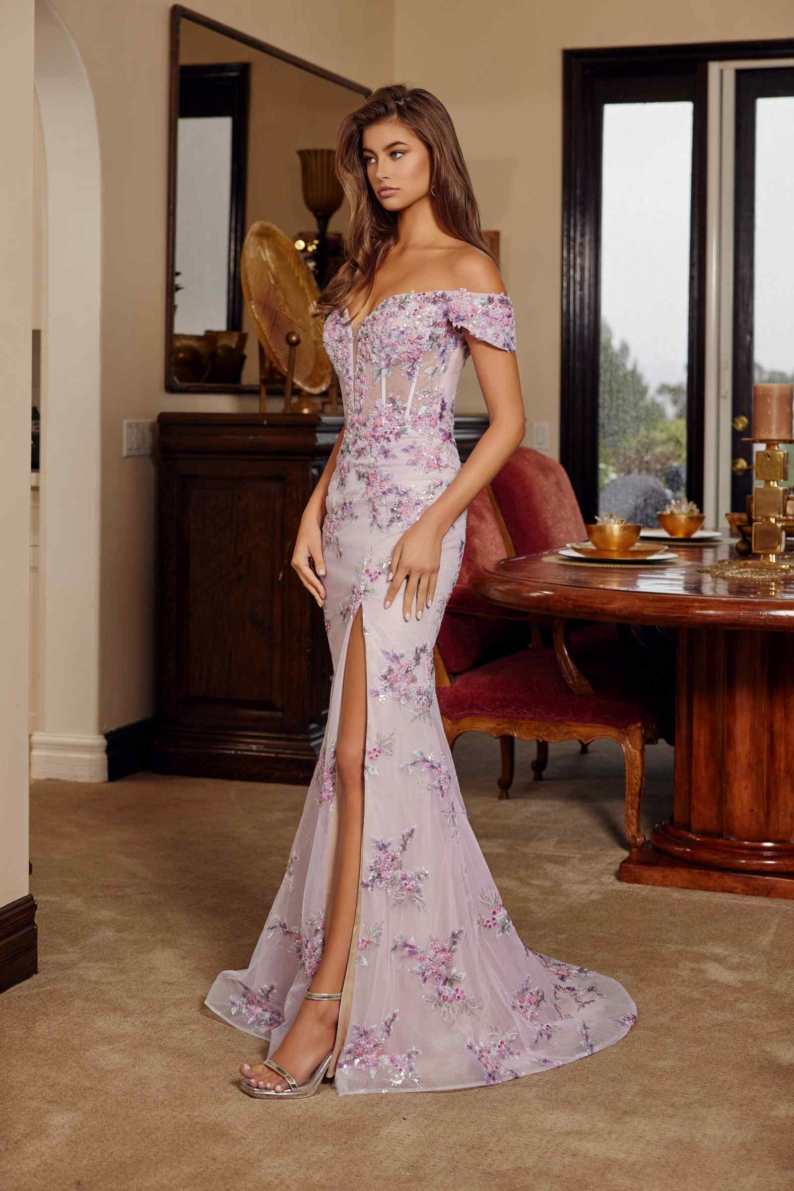 Off-shoulder embroidered prom gown in light lavender with pink floral appliques and open side slit