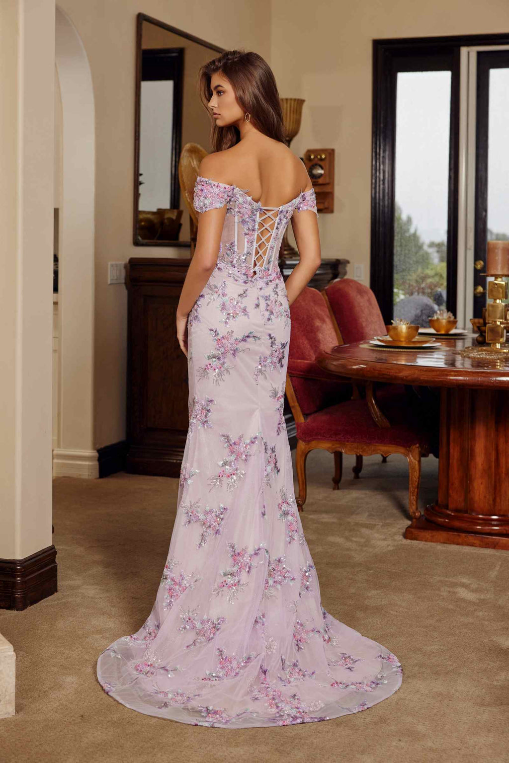 Off-shoulder embroidered prom gown in light lavender with pink floral detailing, back corset lacing