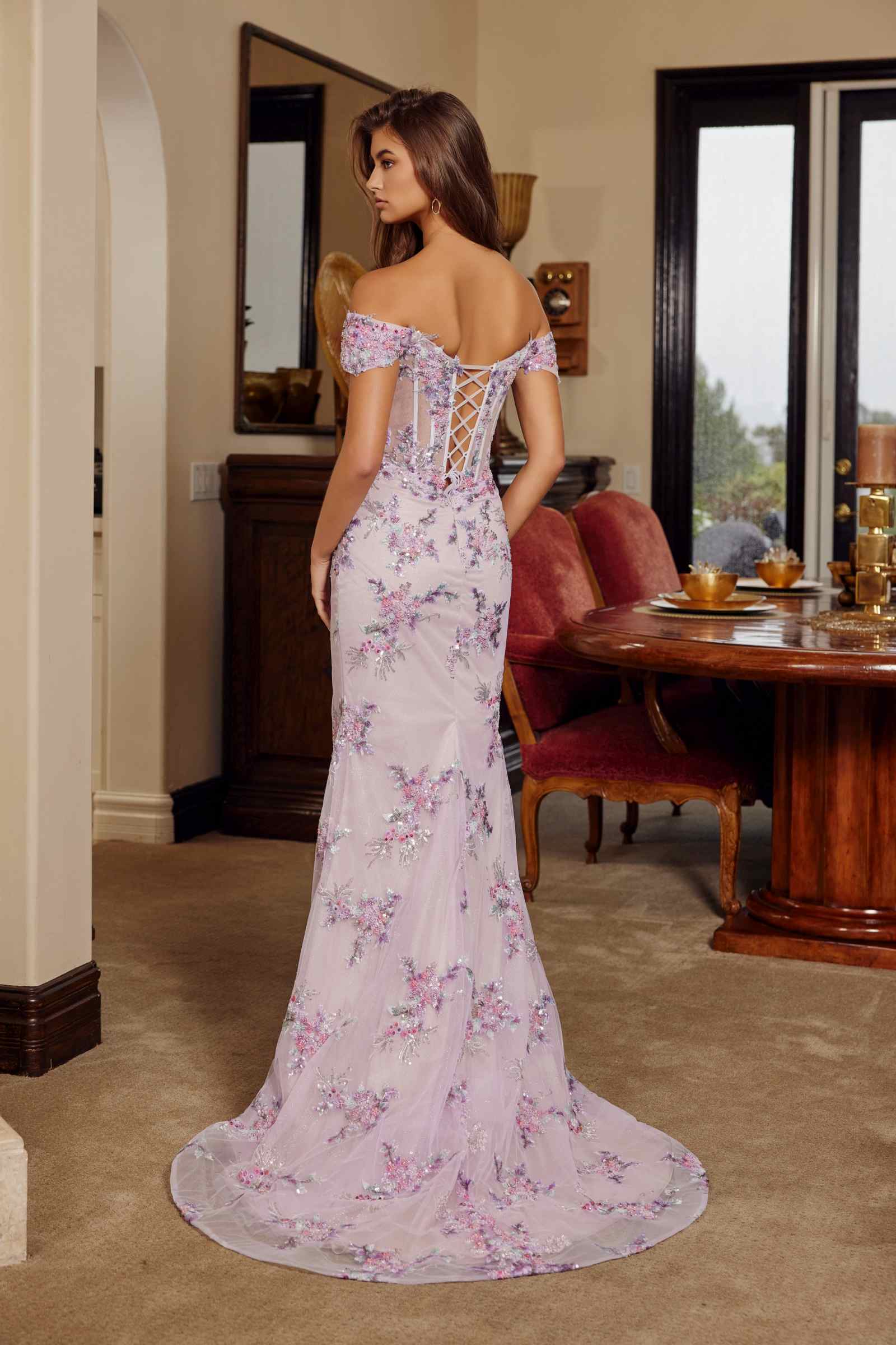 Off-shoulder embroidered prom gown in light lavender with pink floral detailing, back corset lacing