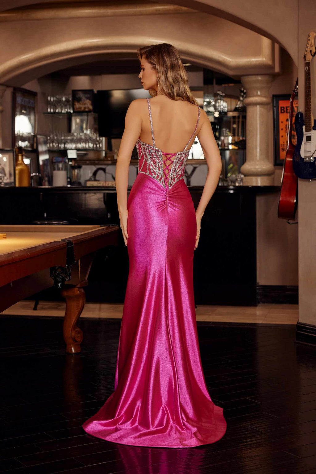 Fitted shimmer jersey prom gown, fuchsia pink spaghetti straps, open back, side slit