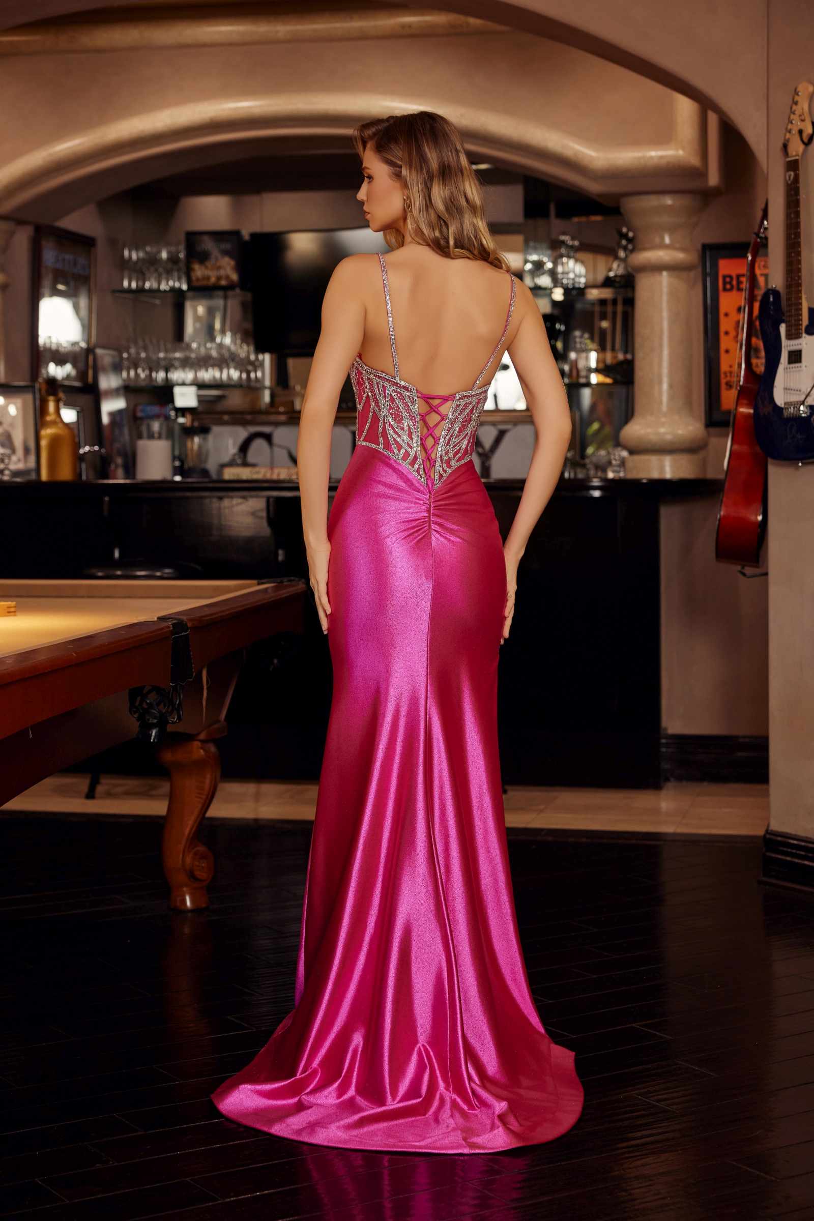 Fitted shimmer jersey prom gown, fuchsia pink spaghetti straps, open back, side slit