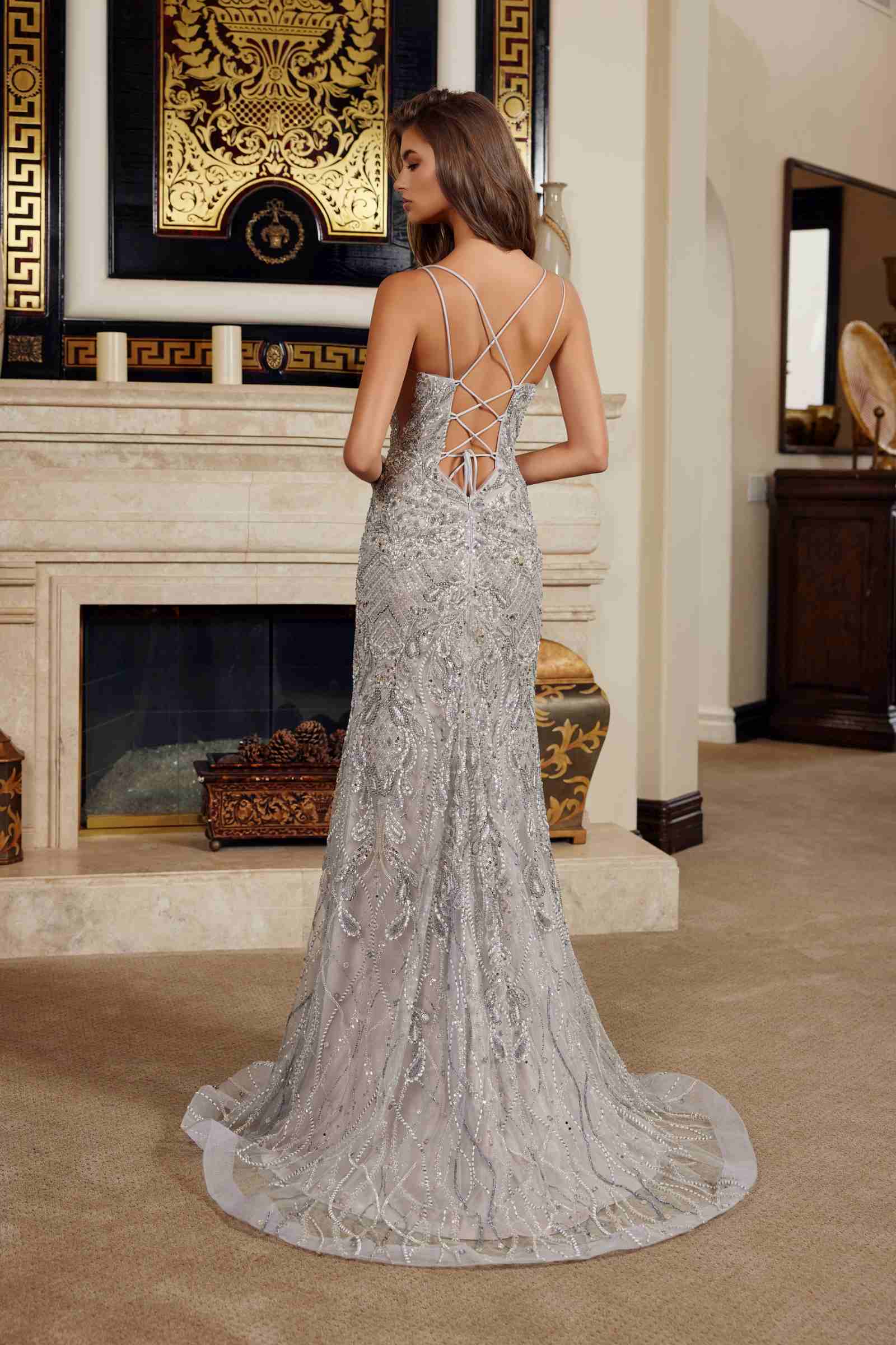 Silver-beige beaded prom gown with crisscross open back and long train