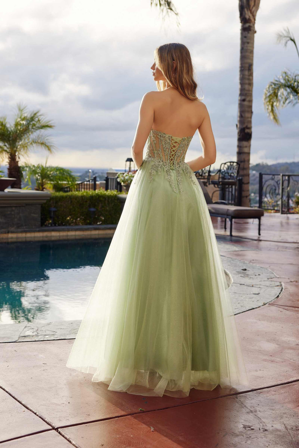 Sage green mesh prom ball gown, A-line tulle skirt with back detail and open back