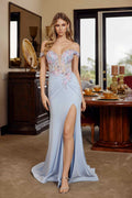 Light blue fitted off-shoulder prom gown with shimmer embellishment and thigh slit