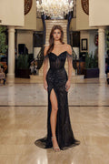 Off-shoulder fitted beaded prom gown in dark black with sweetheart neckline and slit