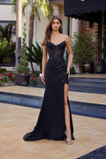 Black strapless fitted shimmer jersey prom gown with sweetheart neckline and thigh slit