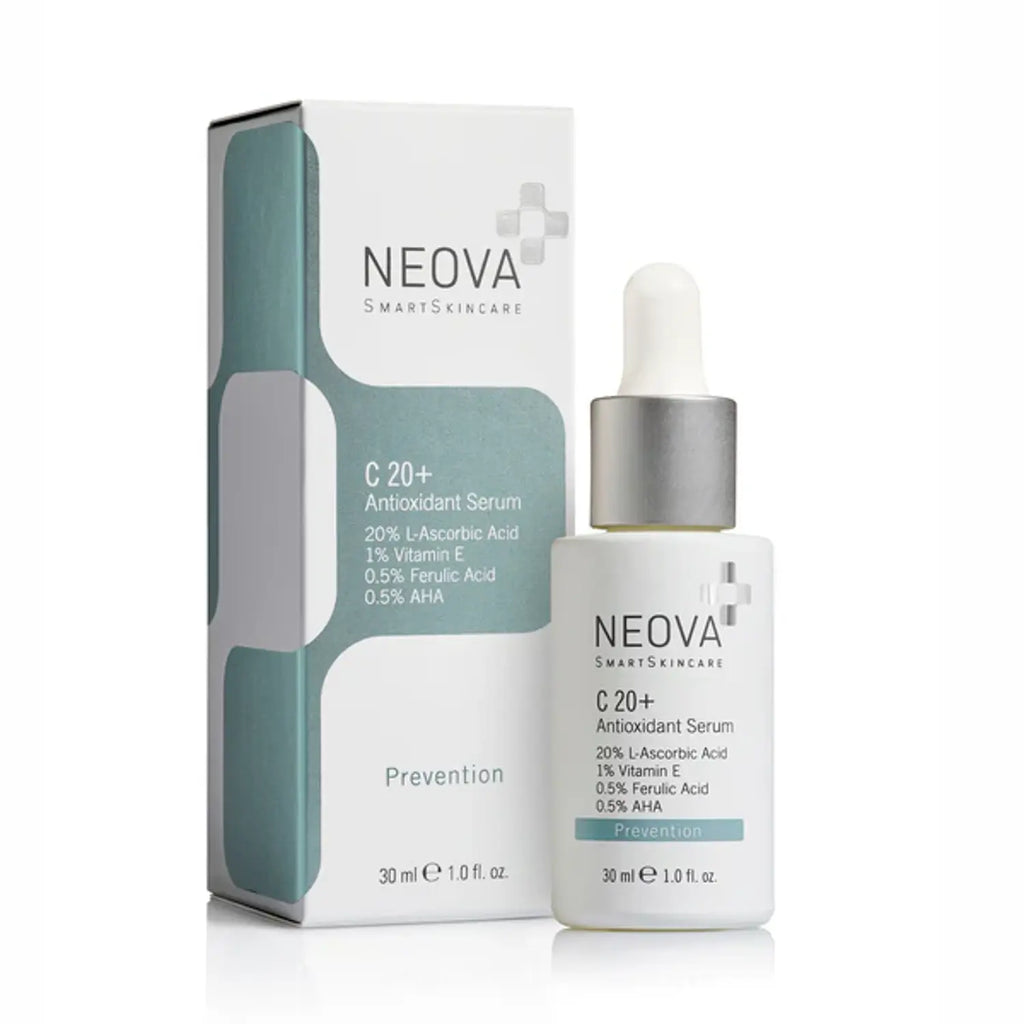 C20+ antioxidant serum, 1 oz box and glass bottle with dropper, silver label
