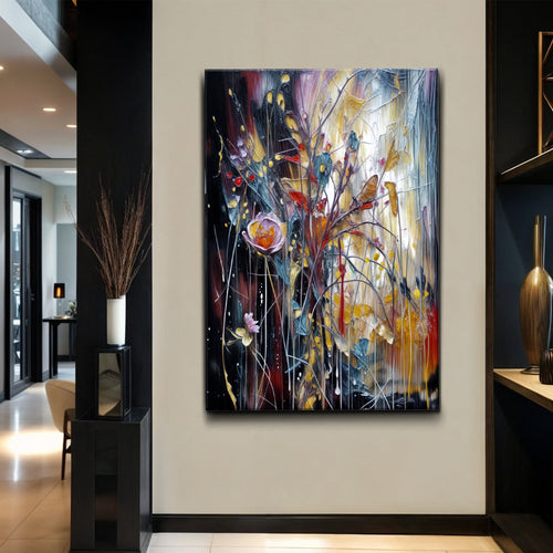Abstract wall art canvas featuring colorful splatter, curves, and lines in black frame