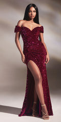 Magenta velvet sequin off-shoulder floor-length gown, sweetheart neckline, side slit