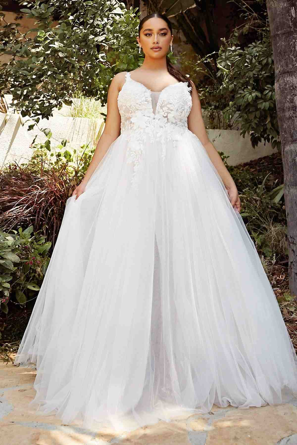 Off-white layered tulle bridal gown with lace-embroidered bodice and full A-line skirt