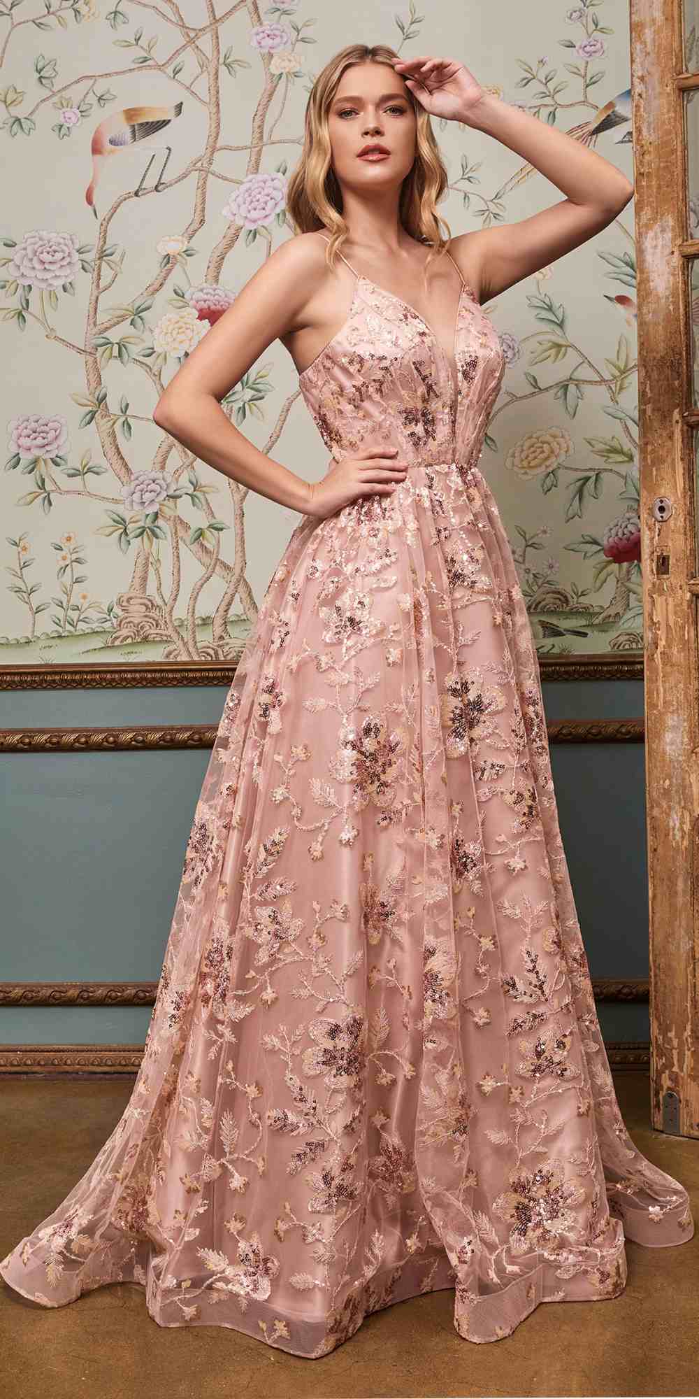 Blush sequin ball gown with floral embroidery, sweetheart neckline, spaghetti straps, floor length
