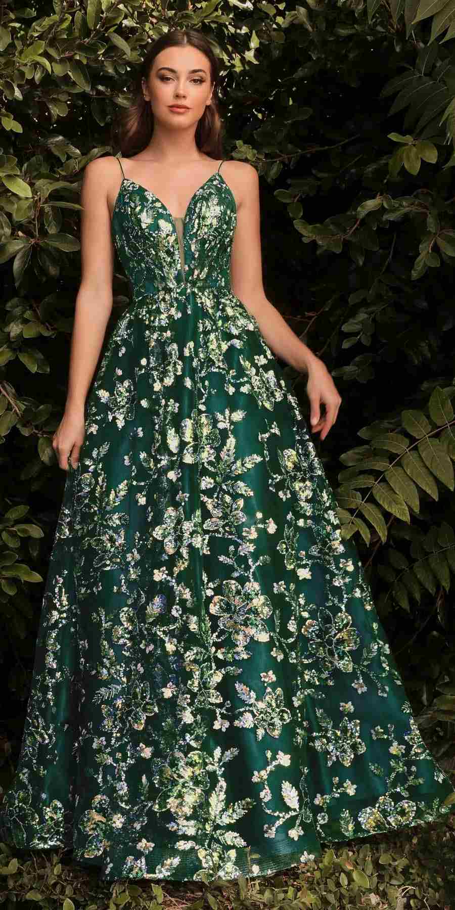 Green sequin ball gown with light floral embroidery, V-neckline, thin spaghetti straps, long skirt