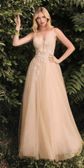 Champagne long A-line tulle gown with floral lace appliques, V-neck bodice.