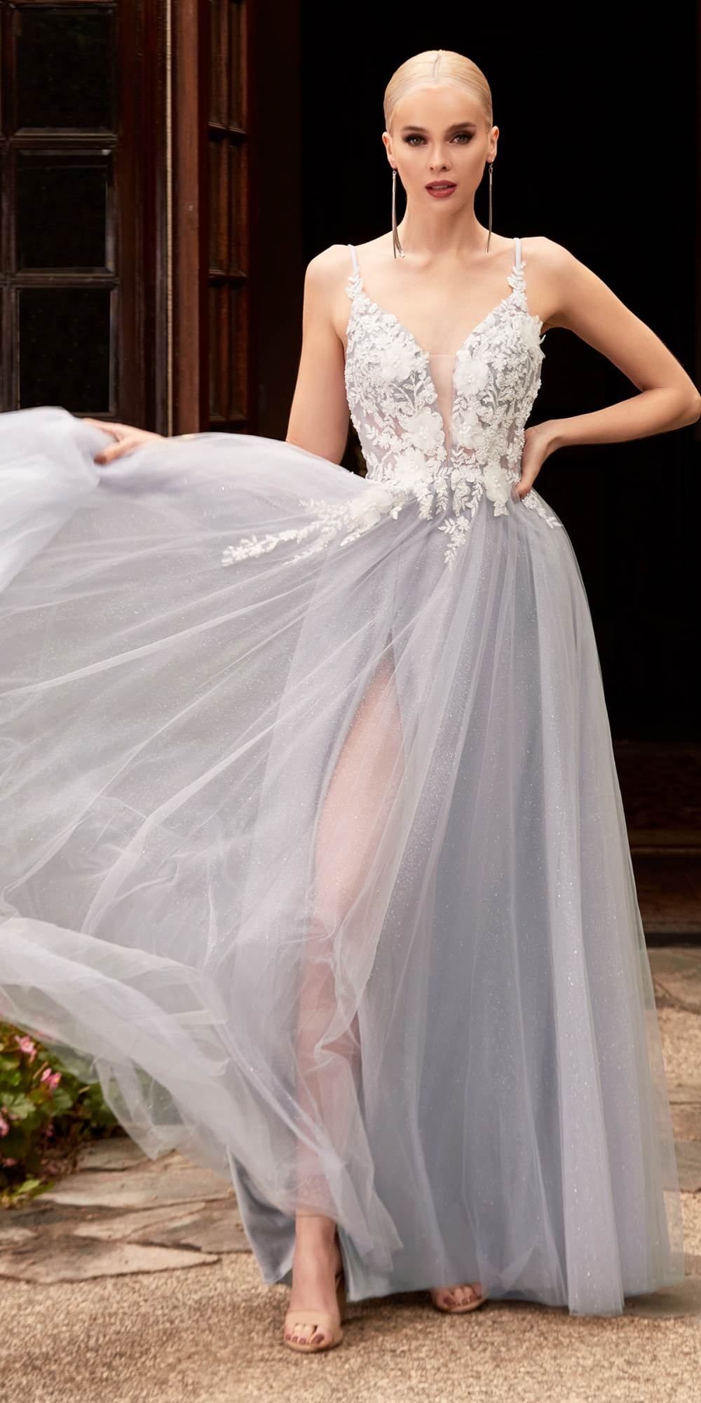 Champagne sleeveless A-line tulle gown with V-neck lace bodice and full layered skirt.