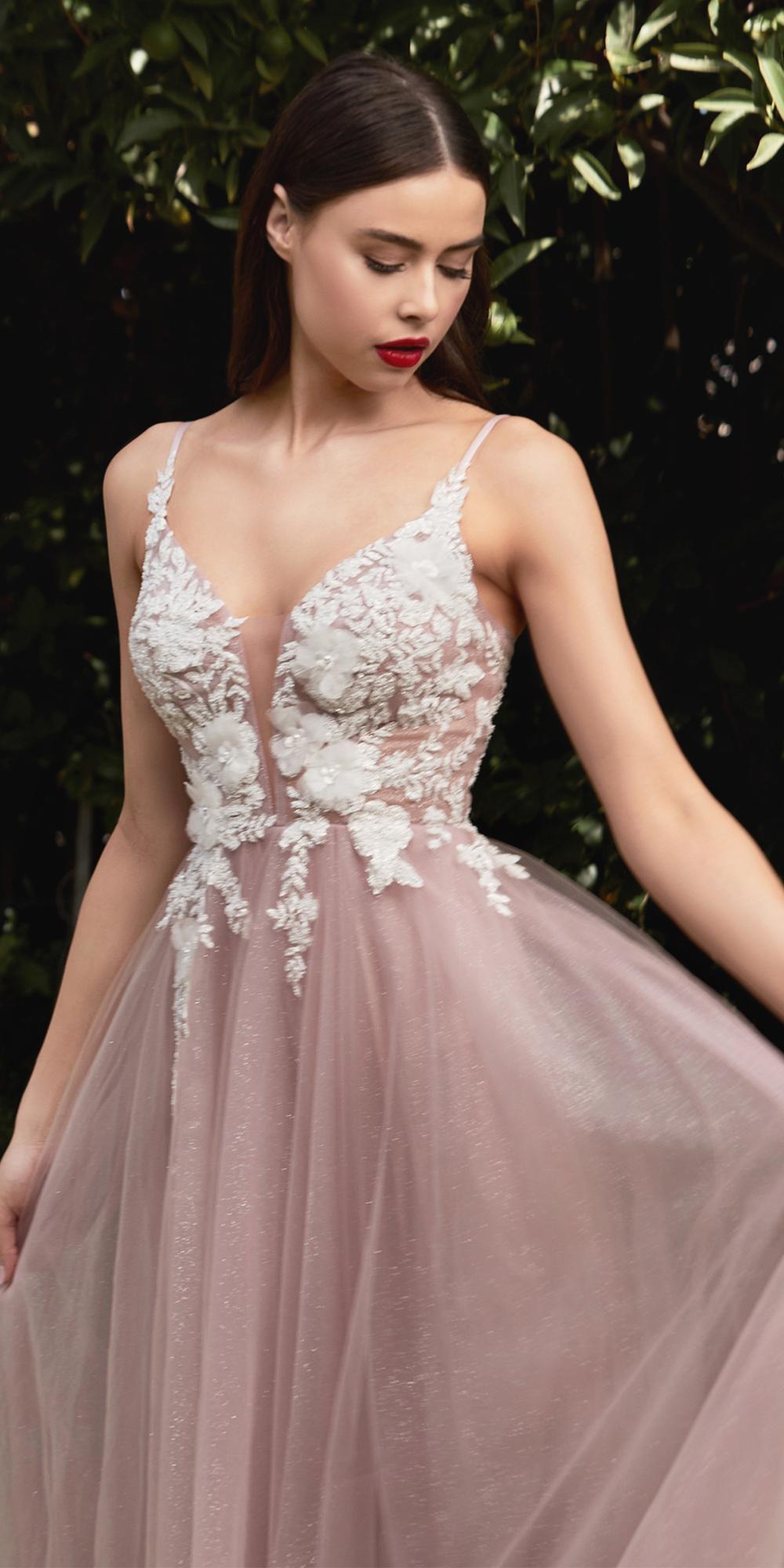 Champagne tulle gown with thin straps and floral lace corset-style bodice, close-up.