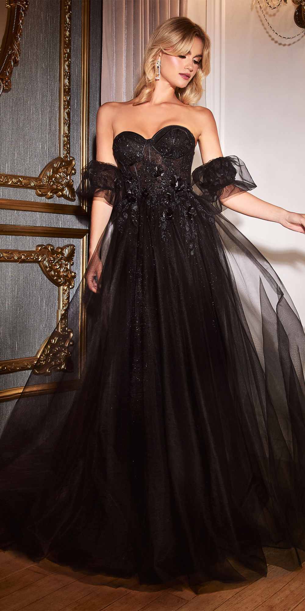 Black strapless tulle ball gown with floral lace bodice and sheer off-shoulder sleeves