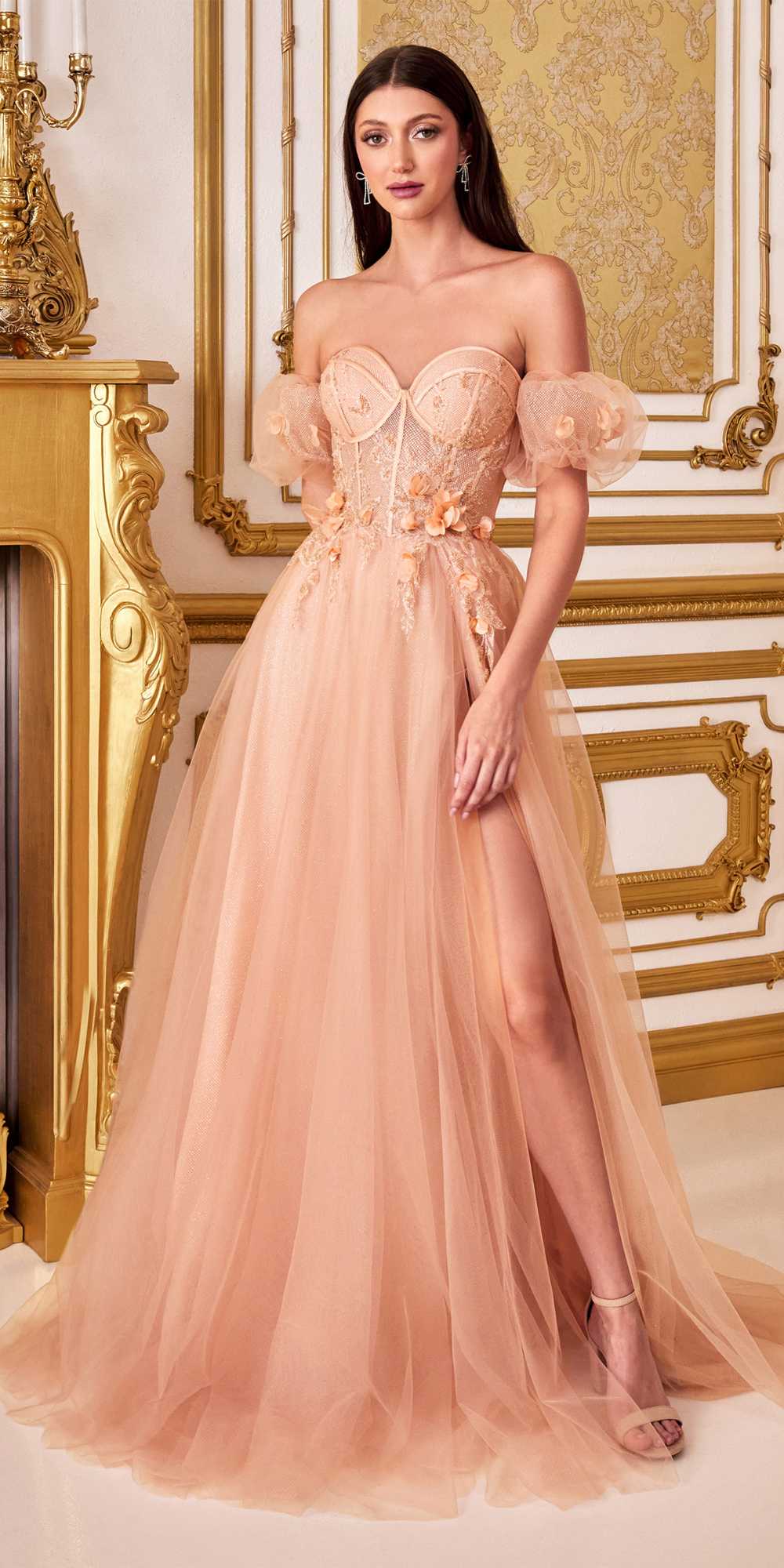 Blush pink strapless tulle ball gown with lace bodice and floral appliques