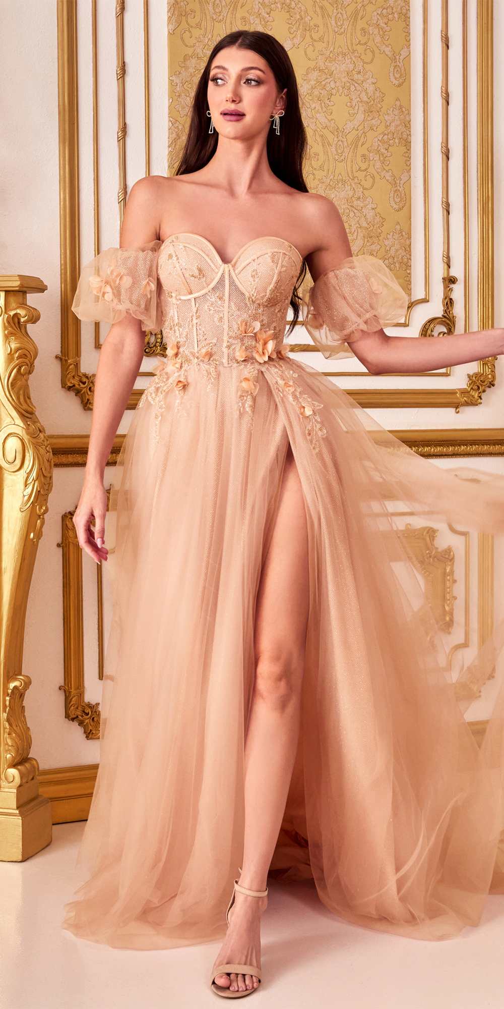 Champagne blush strapless tulle ball gown with lace bodice and off-shoulder appliques