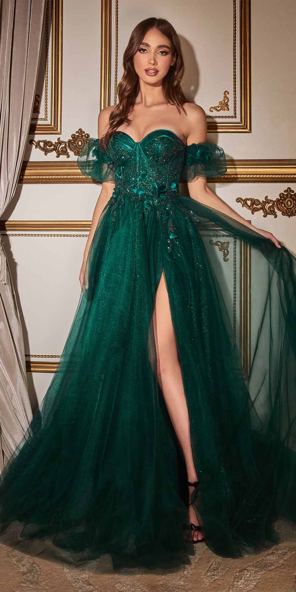 Emerald green glitter tulle ball gown with off-shoulder sleeves and front slit