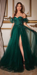Emerald green glitter tulle ball gown with off-shoulder sleeves and front slit