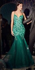 Emerald green mermaid gown with lace butterfly print, spaghetti straps, floor length