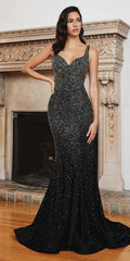 Black fitted floor-length sequin gown with V-neck and sparkling beaded finish