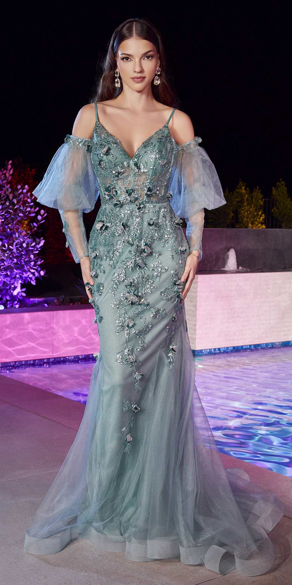 Embellished fitted mermaid gown in sea mist green with puff sleeves and corset bodice