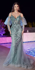 Embellished fitted mermaid gown in sea mist green with puff sleeves and corset bodice