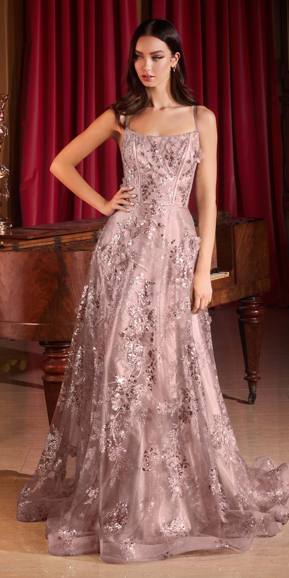Long sequin floral A-line dress in mauve, sleeveless with thin straps, full skirt
