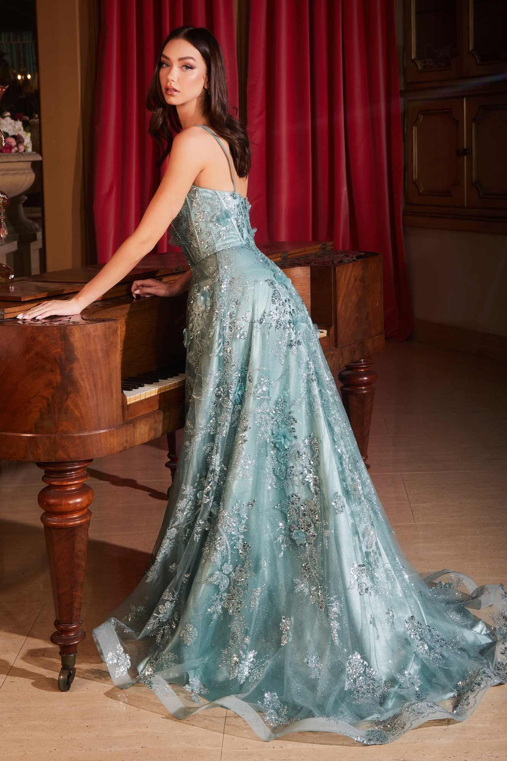 Long sequin floral A-line dress in sage green, sleeveless with thin straps, full skirt