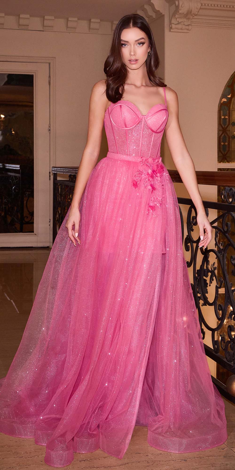 Fuchsia short prom dress with sweetheart bodice and layered tulle overskirt