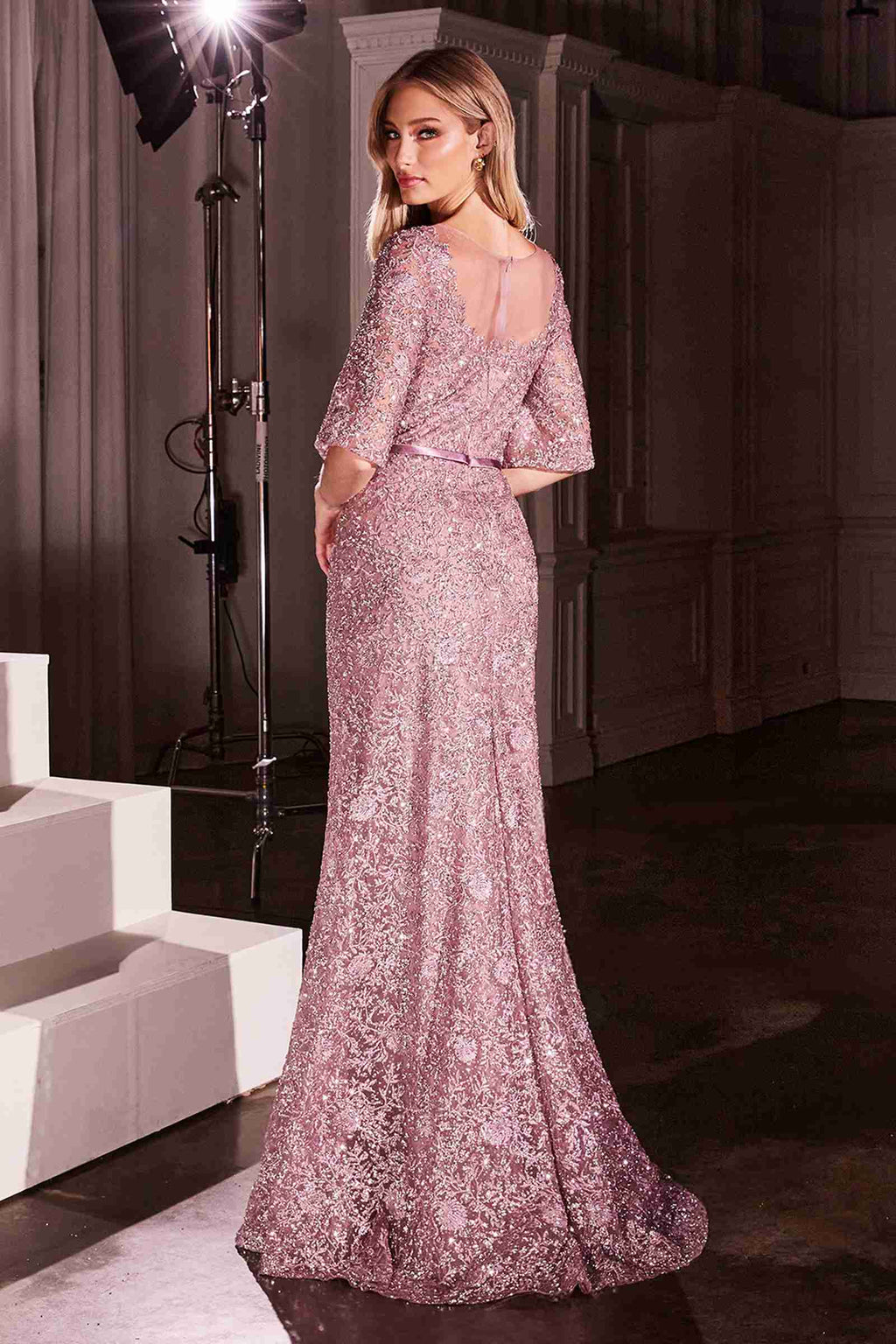 Mauve lace sheath gown with bell sleeves and fitted mermaid-style hem