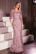 Mauve lace-embellished sheath dress with bell sleeves and scalloped square neckline