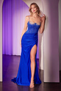 Royal blue satin fitted gown with spaghetti straps, sweetheart neckline, and side slit