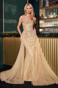Embellished strapless gown with beaded corset bodice and flowing tulle skirt, champagne gold