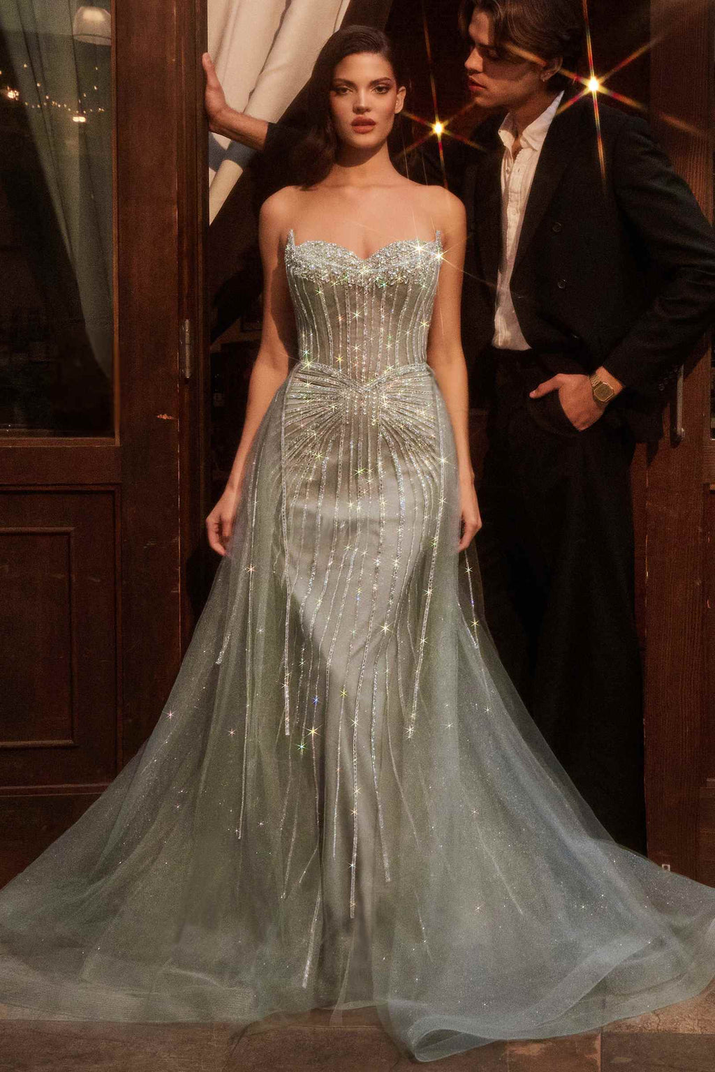 Embellished strapless gown with sparkling beaded bodice and flared tulle skirt, silver-blue