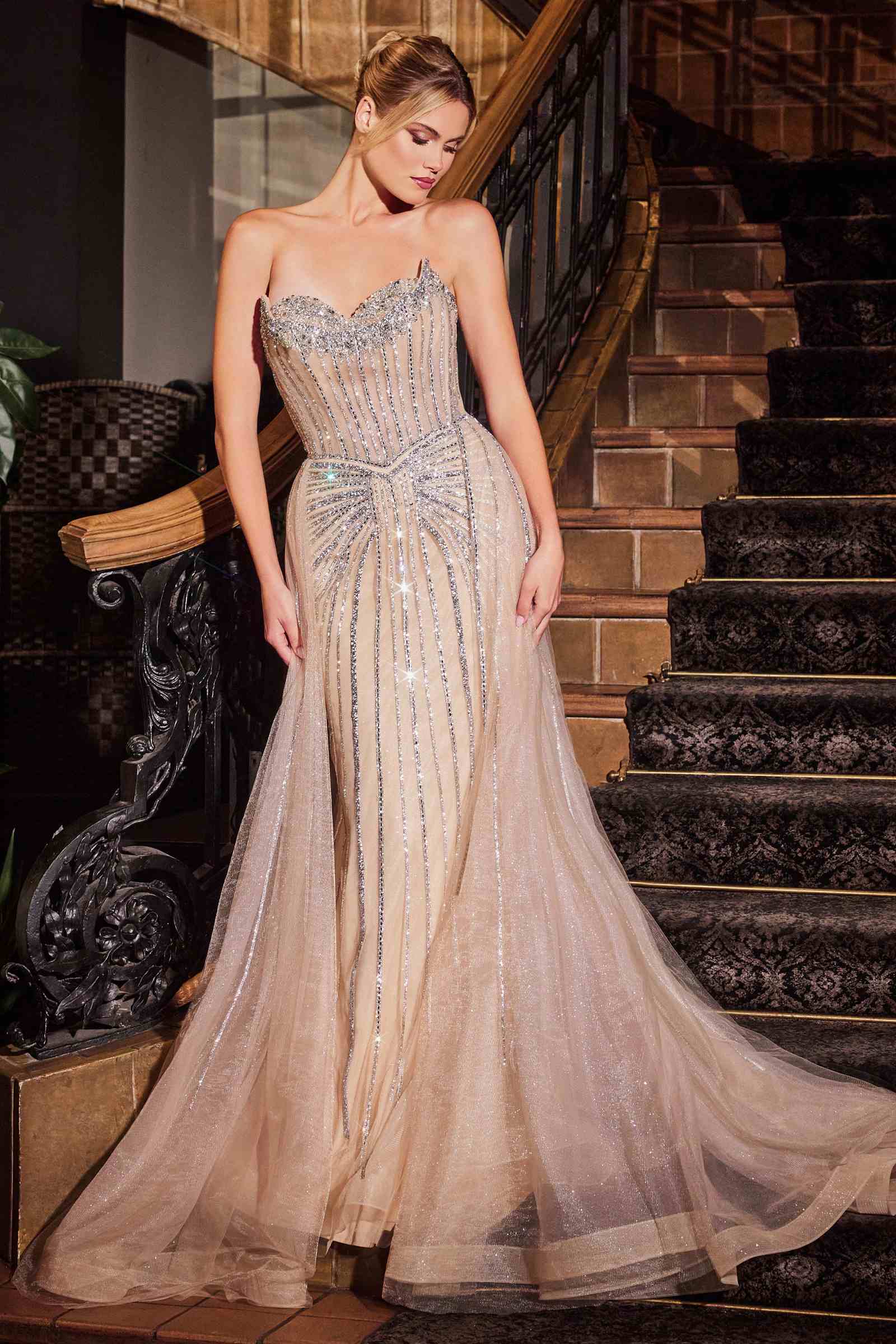 Embellished strapless gown with crystal neckline and full sheer overskirt, champagne gold