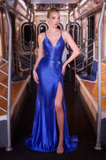 Royal blue stretch gown with illusion V-neck, spaghetti straps, high front slit, fitted flare