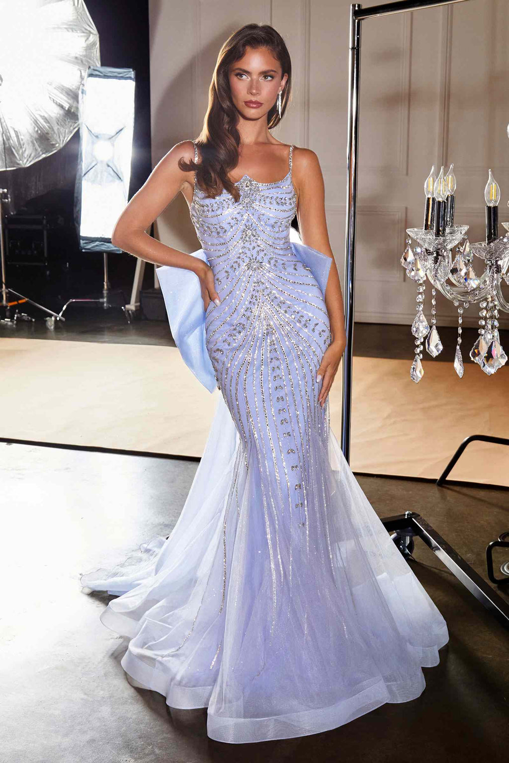 Beadwork scoop-neck fitted dress with sheer mesh skirt, light blue