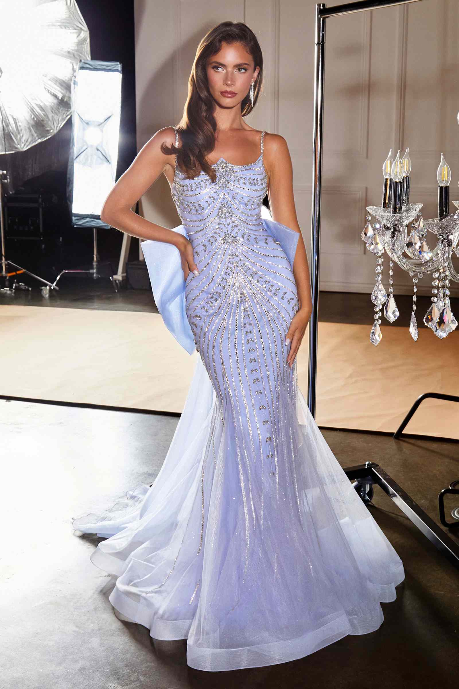 Beadwork scoop-neck fitted dress with sheer mesh skirt, light blue