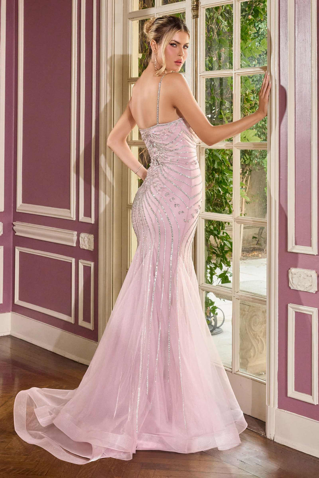Beadwork scoop-neck fitted dress with sheer mermaid skirt, mauve draped train