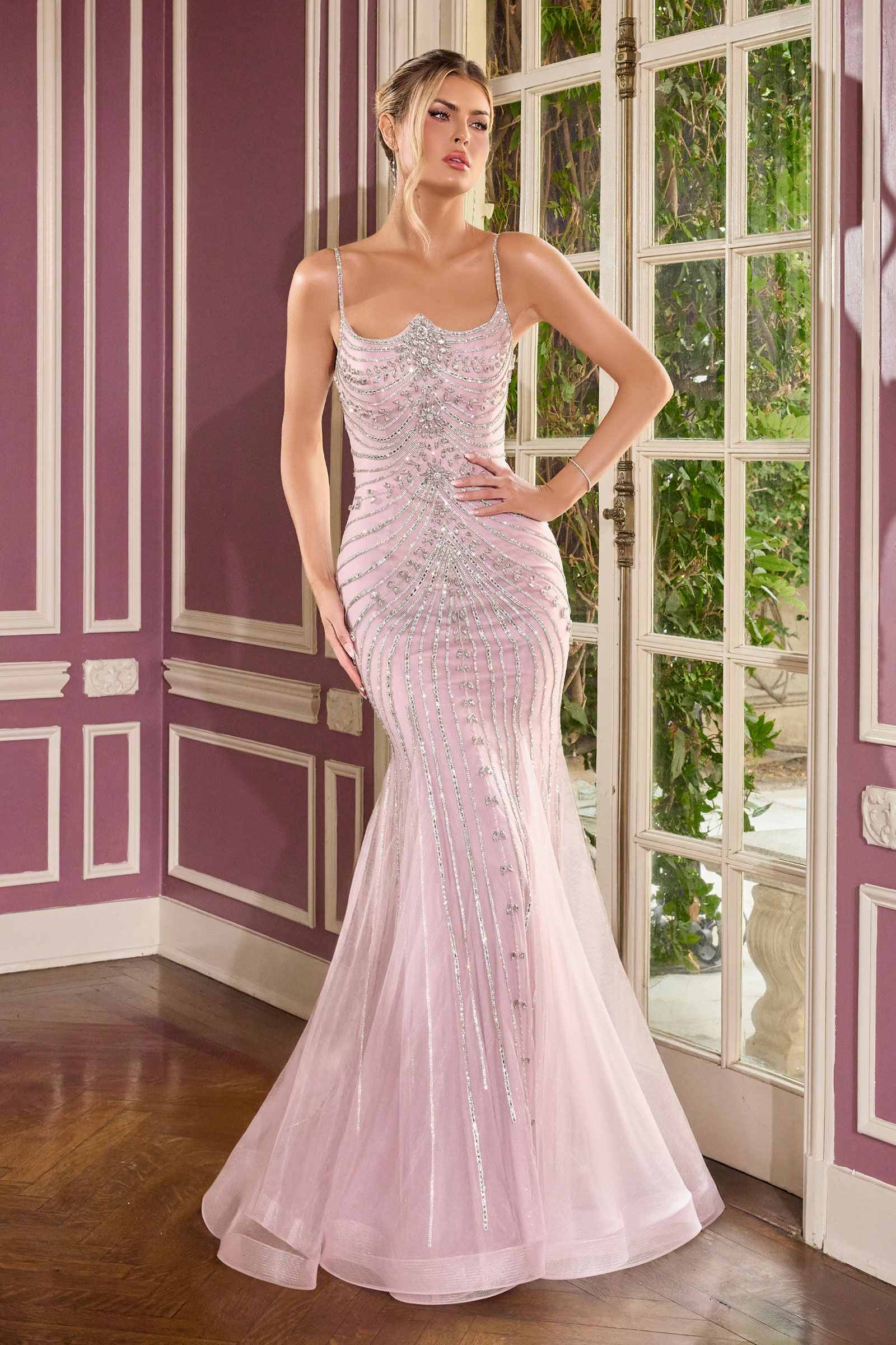 Beadwork scoop-neck fitted dress with sheer mermaid skirt, pale pink mauve