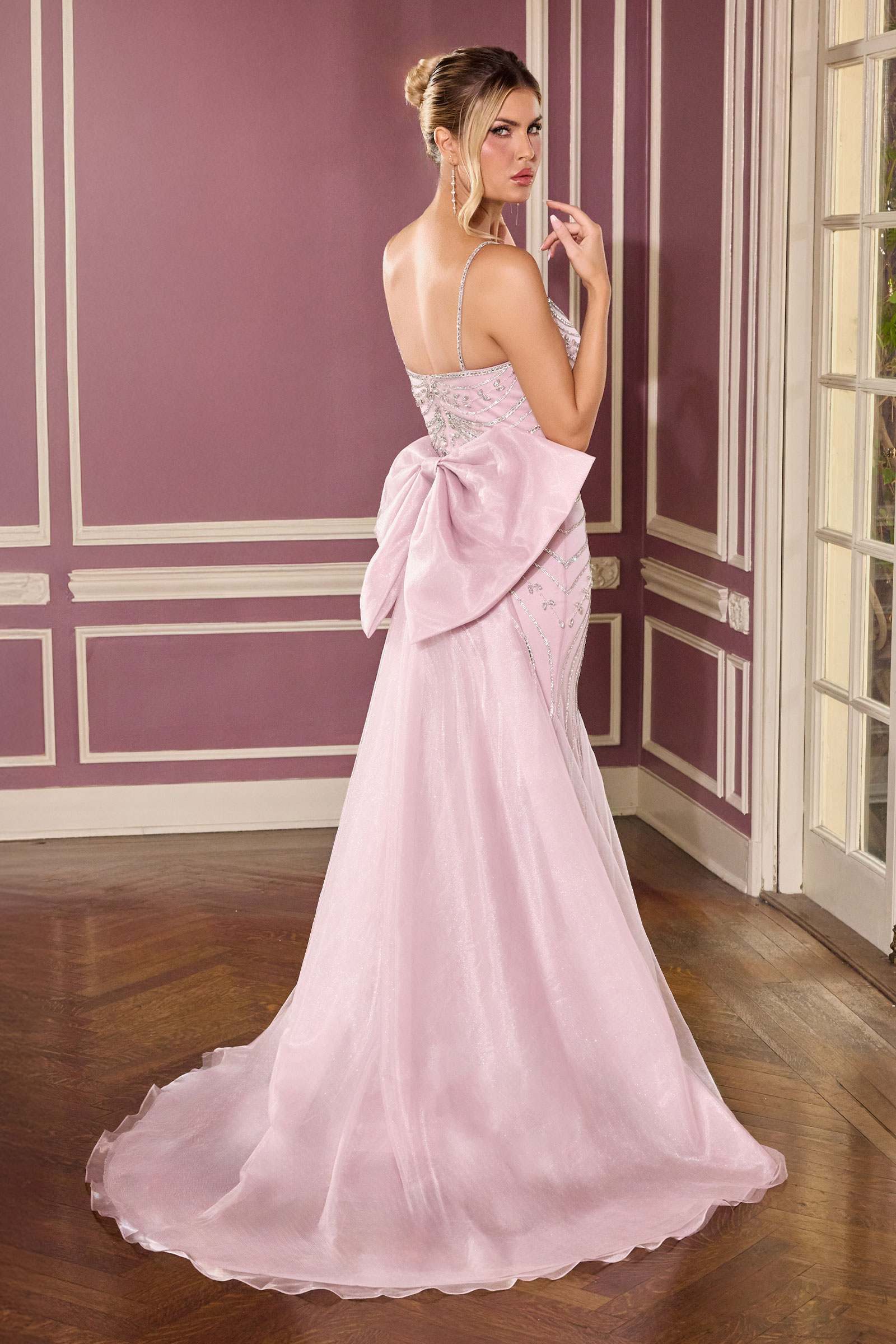 Beadwork scoop-neck fitted dress with sheer mermaid skirt, mauve and bow train
