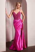 Fuchsia satin gown with pearl-embellished sweetheart bodice, thin straps, slit skirt
